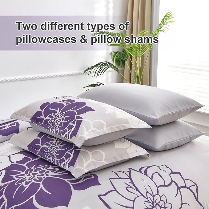 Purple Comforter Set King 7 Piece Bed in a Bag Purple Floral Comforter with Sheet Set Soft Micorfiber Reversible Bedding Set (1 Comforter,2 Pillow Shams,1 Flat Sheet,1 Fitted Sheet,2 Pillowcases) - LeafyLoom