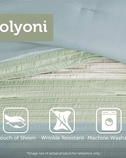 Madison Park Amherst Faux Silk Comforter Set-Casual Contemporary Design All Season Down Alternative Bedding, Matching Shams, Bedskirt, Decorative Pillows, Cal King(104"x92"), Green, 7 Piece (MP10-848) - LeafyLoom