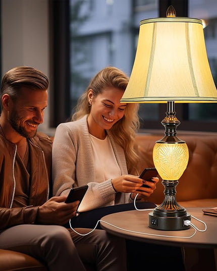 27'' High Vintage Table Lamp Set of 2 for Living Room Farmhouse Bedside Lamp with Fabric Shades Boho Nightstand Lamp with USB and Nightlight for Bedroom Home Office Hotel Bar (Led Bulb Included) - LeafyLoom