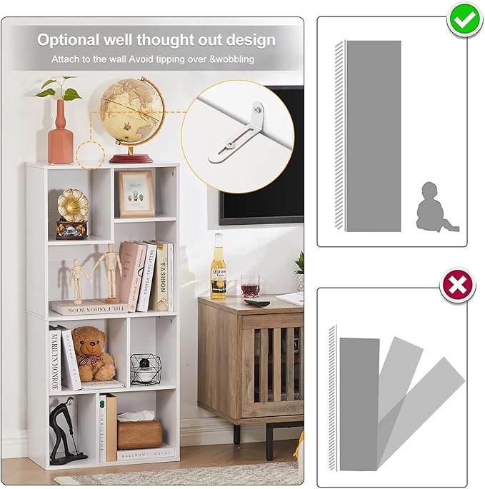 VECELO 42" Modern White Bookshelf, 7 Cube Organizer Bookcase,Fits Tallest Hardcovers, Horizontal Available,Floor Standing Display,Easy Assembly, Pearl White - LeafyLoom