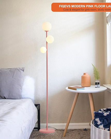3 Globe Floor Lamp with Sphere Frosted Glass Shade and Warm Light LED Bulbs, Pink Modern Standing Lamp, Cute LED Tall Pole Lamp for Living Room, Bedroom, Girls Room - Elegant Pink - LeafyLoom