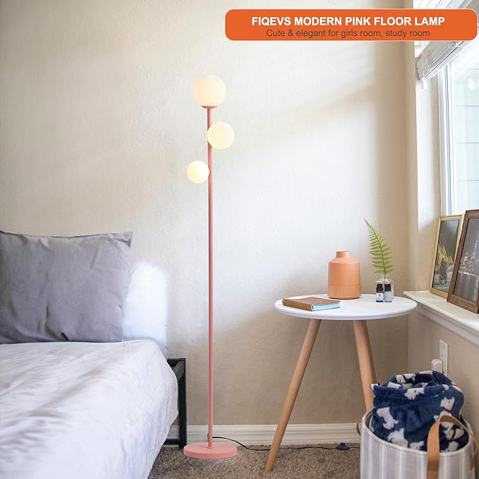 3 Globe Floor Lamp with Sphere Frosted Glass Shade and Warm Light LED Bulbs, Pink Modern Standing Lamp, Cute LED Tall Pole Lamp for Living Room, Bedroom, Girls Room - Elegant Pink - LeafyLoom