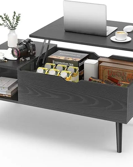 Sweetcrispy Coffee Table Black, Lift Top Coffee Tables for Living Room, Small Rising Wooden Dining Center Tables with Storage Shelf and Hidden Compartment - LeafyLoom