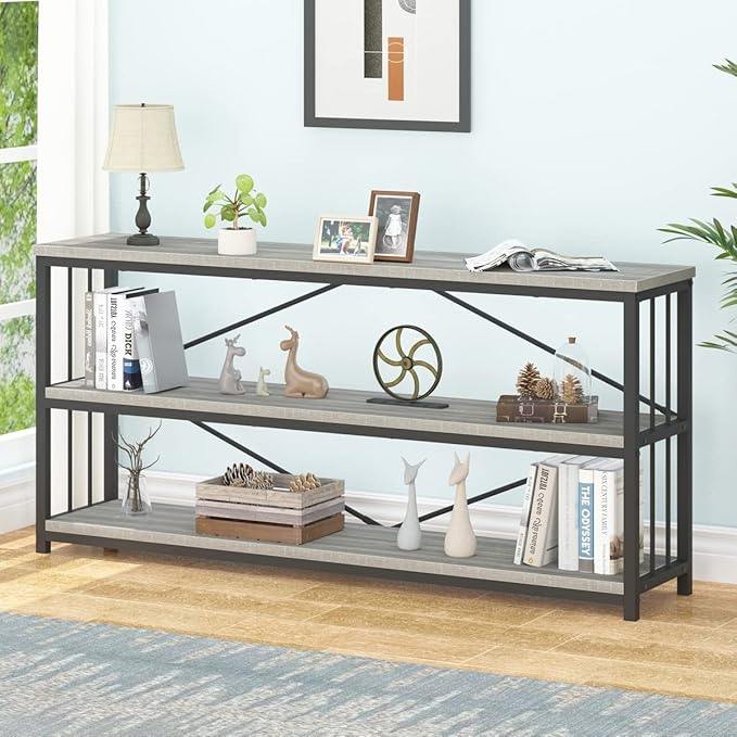 IBF Low Long Horizontal Bookshelf, Industrial Modern 3 Tier Etagere Bookcase, Large Wide Open Rustic Metal and Wood Grey Book Shelf for Bedroom Living Room Home Office Storage, Light Grey Oak, 63 Inch - LeafyLoom