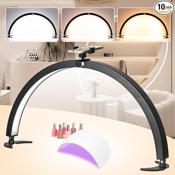 HITTI Large Half Moon Light for Nail Desk with Phone Holder, Foldable Nail Tech Light, Lash Table Lamp with Wire Controller & Remote, 7 Color Modes 10 Brightness for Extension Tattoo Craft Beauty - LeafyLoom
