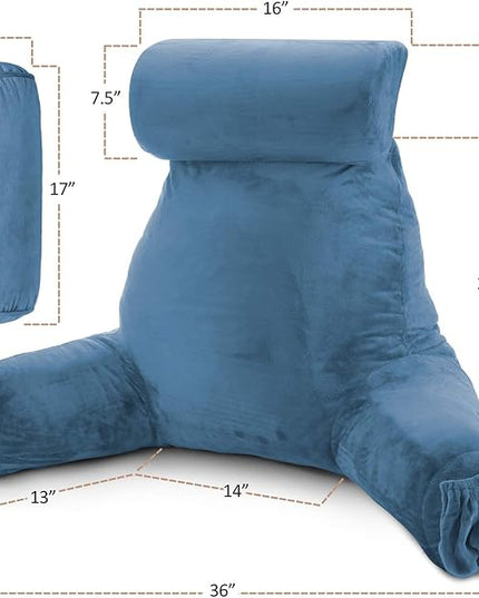 Clara Clark Reading Pillow, Large Back Pillow for Sitting Up in Bed, Memory Foam Back Support Pillow, Reading Pillows for Sitting in Bed Adult, Blue Heaven Sit Up Pillow for Bed with Arms and Pockets - LeafyLoom