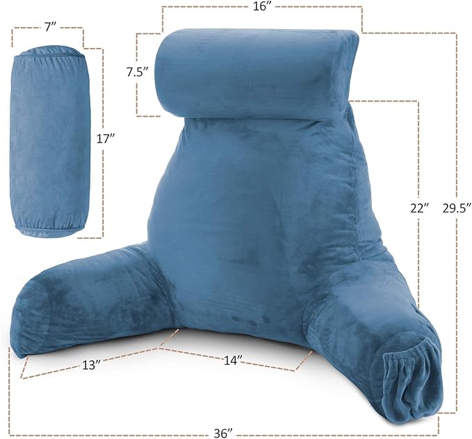 Clara Clark Reading Pillow, Large Back Pillow for Sitting Up in Bed, Memory Foam Back Support Pillow, Reading Pillows for Sitting in Bed Adult, Blue Heaven Sit Up Pillow for Bed with Arms and Pockets - LeafyLoom