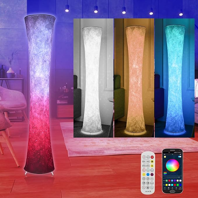Floor Lamp, RGB Dimmable Color Changing LED Lamp with Alexa APP Remote Control, Morden Standing Lamp White Fabric Shade for Living Room Game Room Bedroom - LeafyLoom