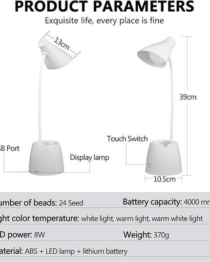 Small Desk Lamp, Kids Desk Lamp with Pen Holder & Mobile Phone Stand, 3 Lighting Modes for Reading Kids Dorm& Mobile Phone Stand for Reading Dorm Home Office (White) - LeafyLoom