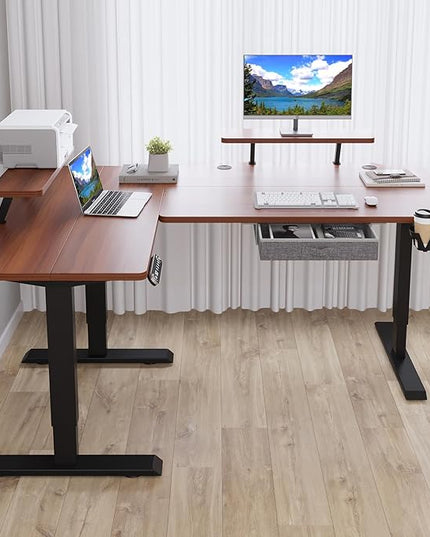 62x47 Inches L Shaped Electric Standing Desk with Drawer, Adjustable Height Sit Stand Up Desk with Storage Shelf, Dark Walnut Top/Black Frame - LeafyLoom