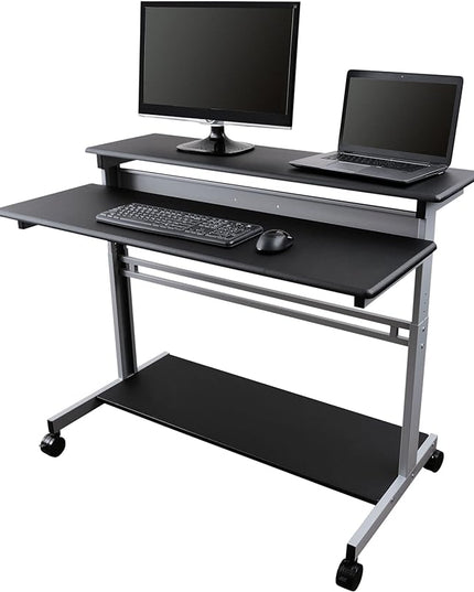 Stand Up Desk Store Rolling Adjustable Height Two Tier Standing Desk Computer Workstation (Silver Frame/Black Top, 48" Wide) - LeafyLoom