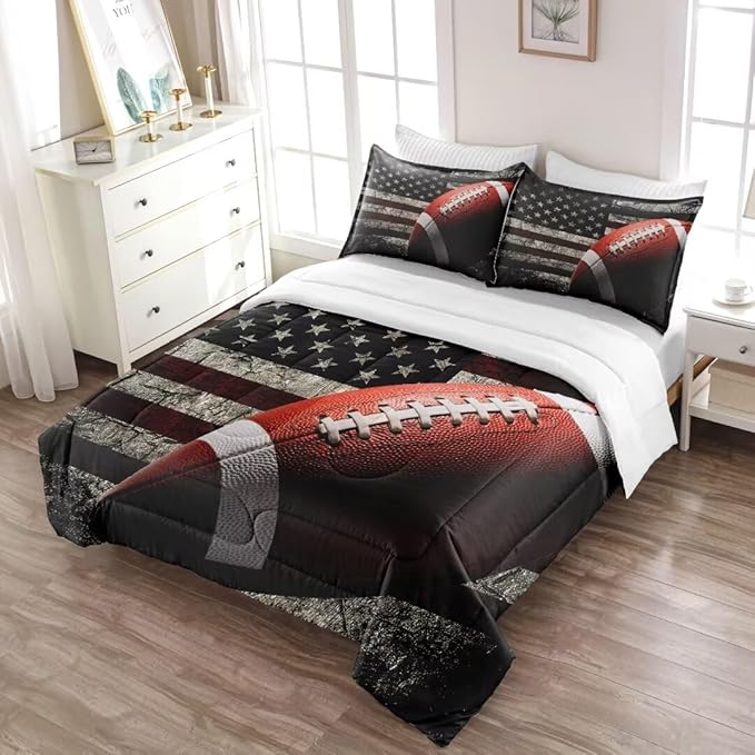 American Football Comforter Set for Boys Teens,Kids Sports Bedding Set Full Size,USA Flag Football Printed Bedroom Sets with 2 Matching Pillow Shams - LeafyLoom
