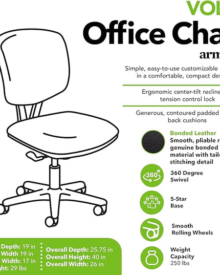 HON Volt Armless Task Seating, Chair, Black Leather - LeafyLoom