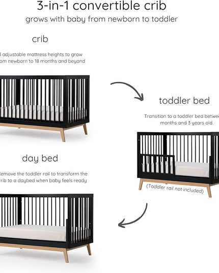 dadada Baby Soho 3-in-1 Convertible Crib to Toddler Bed – Wooden Crib Made in Italy, GREENGUARD Gold Certified Small Baby Crib – Baby-Safe Finish, Modern Design (Black/Natural) - LeafyLoom