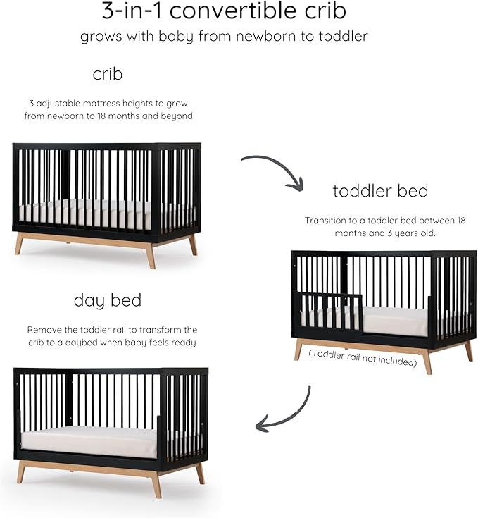 dadada Baby Soho 3-in-1 Convertible Crib to Toddler Bed – Wooden Crib Made in Italy, GREENGUARD Gold Certified Small Baby Crib – Baby-Safe Finish, Modern Design (Black/Natural) - LeafyLoom