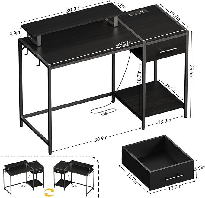 Gaming Desk with Led Light & Power Outlets, 48" Computer Desk with Wooden Drawers and Monitor Stand, Office Desk with Shelves and 2 Headphone Hooks, Work Desk for Home Office,Black - LeafyLoom