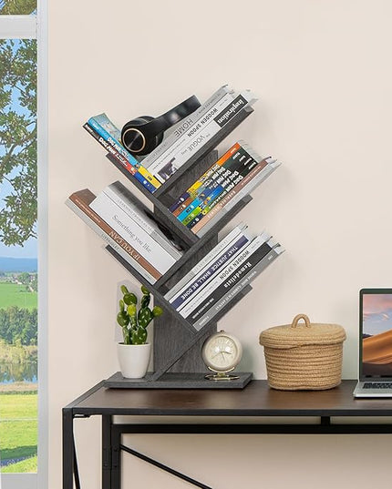 5 Tier Tree Book Shelf, Small Desktop Bookshelf with Storage Organizer, Wood Bookcase, Desk Display Bookshelves, Floor Standing Organizer Bookcases for Living Room,Bedroom,Office - Light Grey - LeafyLoom