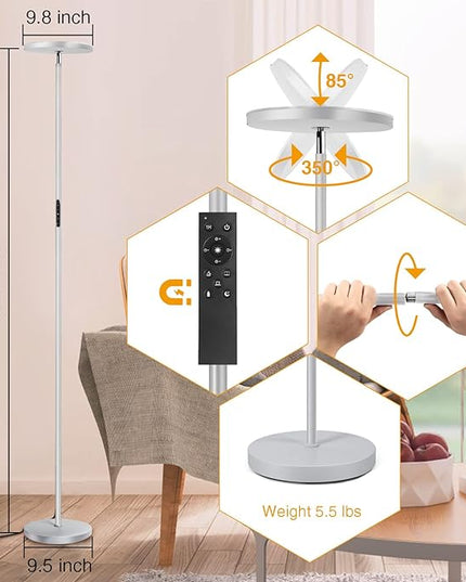 OUTON Floor Lamp, 30W/3000LM LED Modern Torchiere Sky Lamp, Super Bright Dimmable Standing Tall Lamp with 4 Color Temperatures, Remote Touch Control, Timer for Living Room Bedroom Office, Silver Grey - LeafyLoom