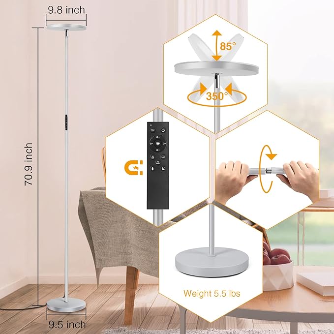 OUTON Floor Lamp, 30W/3000LM LED Modern Torchiere Sky Lamp, Super Bright Dimmable Standing Tall Lamp with 4 Color Temperatures, Remote Touch Control, Timer for Living Room Bedroom Office, Silver Grey - LeafyLoom