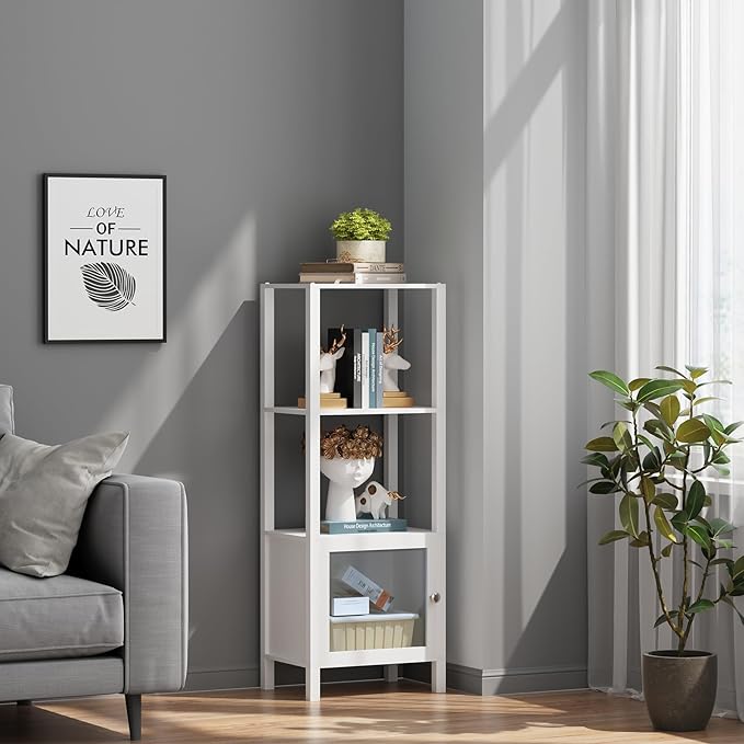 TUTOTAK 4 Tier Bookcase and Bookshelf, Narrow Book shelf with Door for Small Space, for Living Room, Office, Study, Entryway, White BS03BW004 - LeafyLoom
