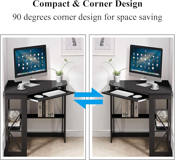VECELO Corner Computer Desk 41 x 30 inches with Smooth Keyboard & Storage Shelves for Home Office Workstation, Black - LeafyLoom