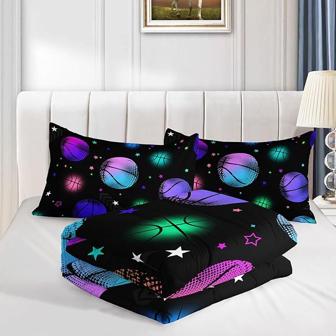 Datura home Kids Comforter Set Glowing Basketball Printed Pattern Bedding Set with 1 Comforter and 2 Pillowcases for Girls Boys Bedroom All Season(Basketball1 Twin) - LeafyLoom
