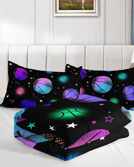 Datura home Kids Comforter Set Glowing Basketball Printed Pattern Bedding Set with 1 Comforter and 2 Pillowcases for Girls Boys Bedroom All Season(Basketball1 Full) - LeafyLoom