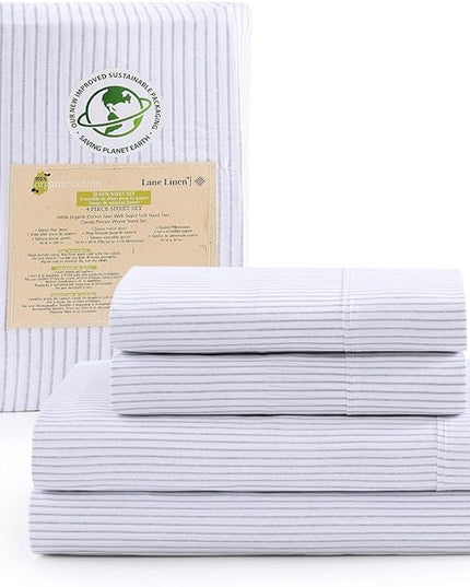 LANE LINEN 100% Organic Cotton Sheet Sets Queen Size, 4Pc Queen Size Cotton Sheets, Hotel Style Sheets, Bedding Sheets & Pillowcases, Queen Sheet Sets Deep Pockets Fits upto 15" - Blue Ticking Stripe - LeafyLoom