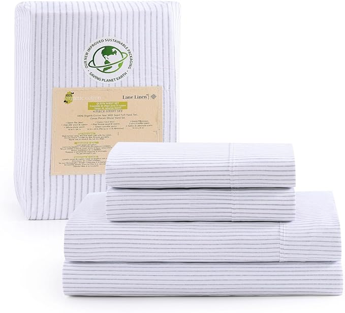 LANE LINEN 100% Organic Cotton Sheet Sets Queen Size, 4Pc Queen Size Cotton Sheets, Hotel Style Sheets, Bedding Sheets & Pillowcases, Queen Sheet Sets Deep Pockets Fits upto 15" - Blue Ticking Stripe - LeafyLoom
