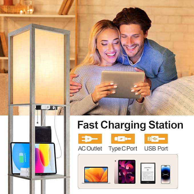 OUTON Floor Lamp with Shelves, LED Shelf Floor Lamp with 1 USB & 1 Type C Ports, 1 AC Outlet, 3 Color Temperature, Storage Display Wood Column Tall Standing Lamp for Living Room, Bedroom Office, Grey - LeafyLoom