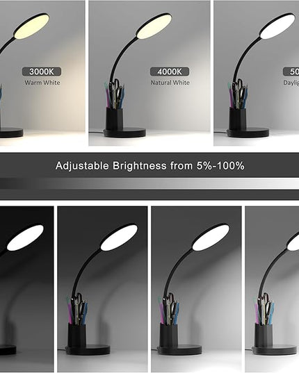 Desk Lamp, LED Desk Lamp for Home Office, Touch Table Lamp with 3 Color Modes 360° Adjustable Arm, Dimmable Desk Light with Pen Phone Holder, Black - LeafyLoom