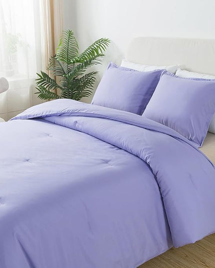 Full Size Lavender Purple Comforter Set, Solid Down Alternative Soft Boho Bedding Comforter Set, Breathable Fluffy Skin-Friendly Comforter for All Seasons with Pillowcases - LeafyLoom