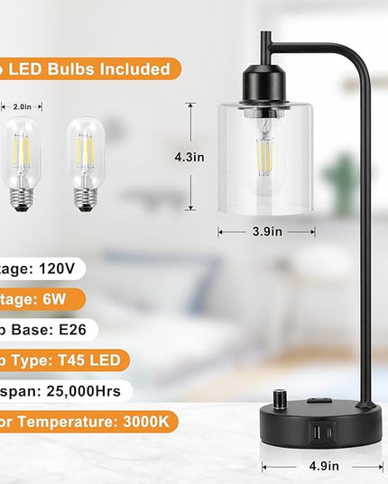 Industrial Nightstand Lamps for Bedrooms Set of 2 - Fully Dimmable Bedside Lamps with USB A C Ports and Outlet, Black Table Lamps with Clear Glass Shade for Living Room, Desk Lamps for Office Reading - LeafyLoom