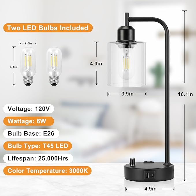 Industrial Nightstand Lamps for Bedrooms Set of 2 - Fully Dimmable Bedside Lamps with USB A C Ports and Outlet, Black Table Lamps with Clear Glass Shade for Living Room, Desk Lamps for Office Reading - LeafyLoom