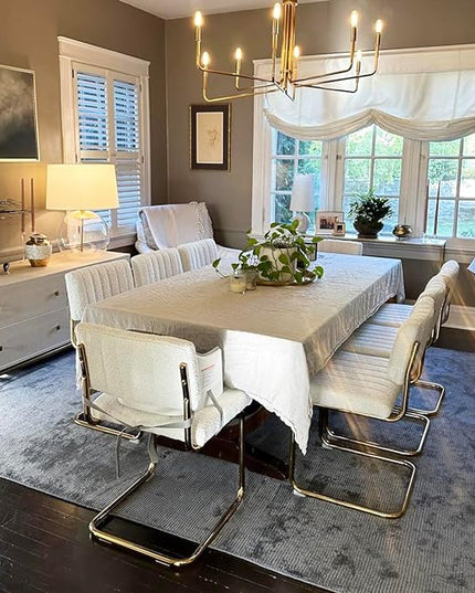 ONEVOG Cozy Boucle Dining Chair Set of 2, Upholstered White Dining Room Chairs with Gold Legs, Famous Cantilevered Design Comfort Dinner Chairs, Sturdy Stainless Chrome Base - LeafyLoom