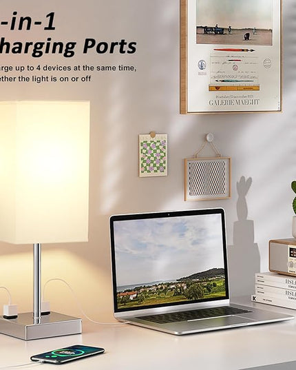 Touch Bedside Table Lamp For Nightstand - 3-Way Dimmable Night Lamp with USB A + Type C Charging Ports and two AC Outlets, Small Desk Light with E26 LED Bulb for Bedroom Living Room, WHITE PLUS - LeafyLoom