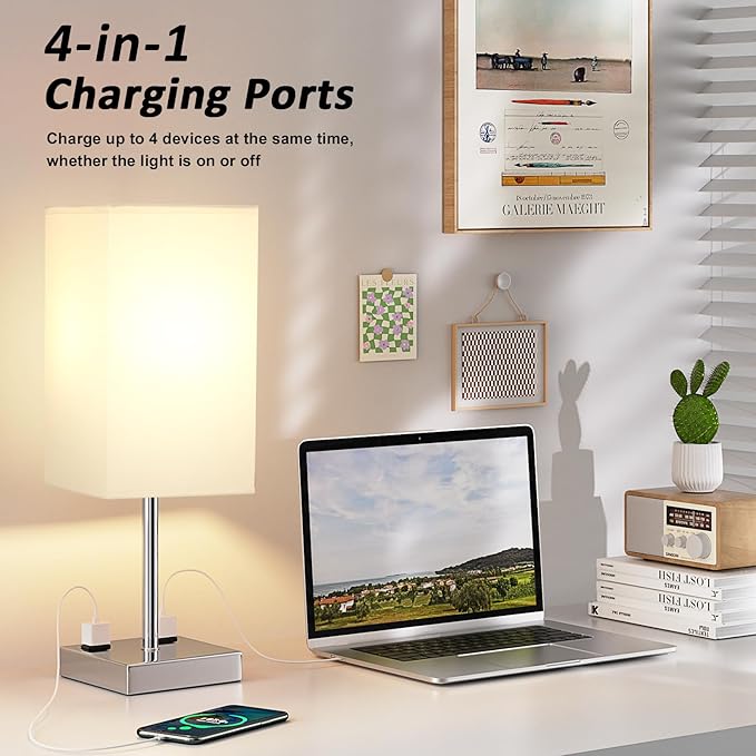 Touch Bedside Table Lamp For Nightstand - 3-Way Dimmable Night Lamp with USB A + Type C Charging Ports and two AC Outlets, Small Desk Light with E26 LED Bulb for Bedroom Living Room, WHITE PLUS - LeafyLoom