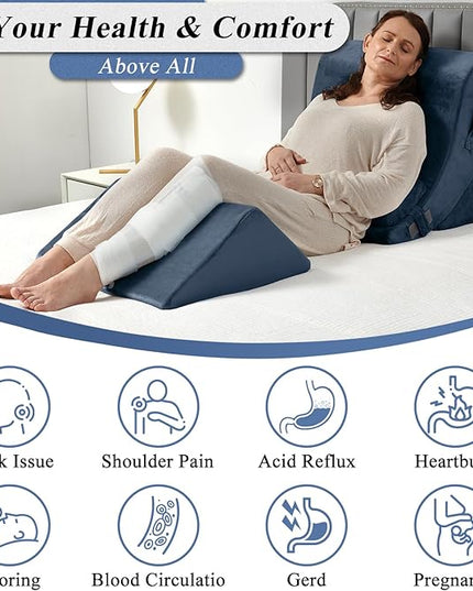 Axelrod Orthopedic Bed Wedge Pillow Set, Post Surgery Foam for Back, Neck and Leg Pain Relief Comfortable & Adjustable Ortho Pillows- Anti Snoring, Heartburn, Acid Reflux & GERD Sleeping Indigo - LeafyLoom