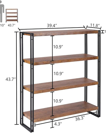 4 Tier Bookshelf Rustic Industrial Bookcase with Modern Open Wood Shelves, Brown - LeafyLoom