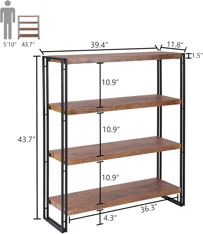 4 Tier Bookshelf Rustic Industrial Bookcase with Modern Open Wood Shelves, Brown - LeafyLoom