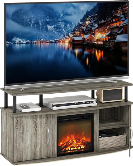 Furinno Jensen Living Room Fireplace TV Entertainment Center with Doors Storage Cabinet for TV up to 55 Inch, French Oak Grey/Black - LeafyLoom