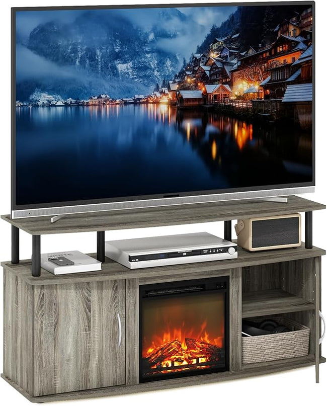 Furinno Jensen Living Room Fireplace TV Entertainment Center with Doors Storage Cabinet for TV up to 55 Inch, French Oak Grey/Black - LeafyLoom