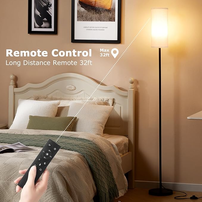 Ambimall 66'' Floor Lamps for Living Room with Remote Control and Stepless Dimmable Colors Temperature & Brightness, 9W Bulb Included(Beige Lampshade & Black Pole) - LeafyLoom