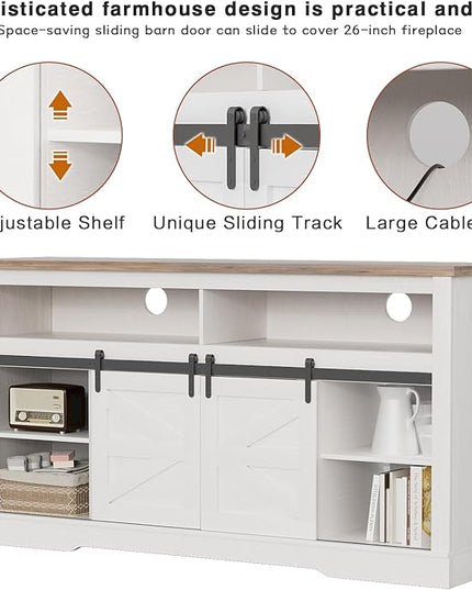 YESHOMY Fireplace TV Stand for Television up to 65+ Inch with Storage and Farmhouse Sliding Barn Doors, Entertainment Center with Cabinet and Shelves, Media Console for Living Room, White - LeafyLoom