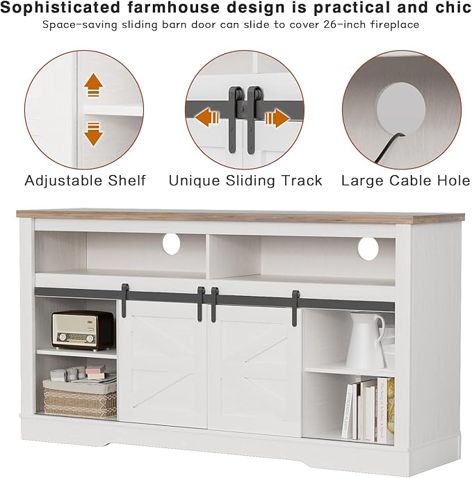 YESHOMY Fireplace TV Stand for Television up to 65+ Inch with Storage and Farmhouse Sliding Barn Doors, Entertainment Center with Cabinet and Shelves, Media Console for Living Room, White - LeafyLoom