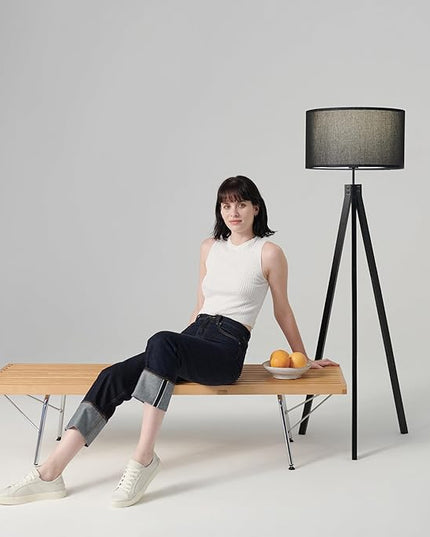 Brightech Eden Tripod LED Floor Lamp – Mid Century Dimmable Modern Light for Contemporary Living Rooms - Tall Free Standing Lamp with Solid Wood Legs for Bedroom, Office - Classic Black - LeafyLoom