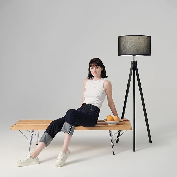 Brightech Eden Tripod LED Floor Lamp – Mid Century Dimmable Modern Light for Contemporary Living Rooms - Tall Free Standing Lamp with Solid Wood Legs for Bedroom, Office - Classic Black - LeafyLoom