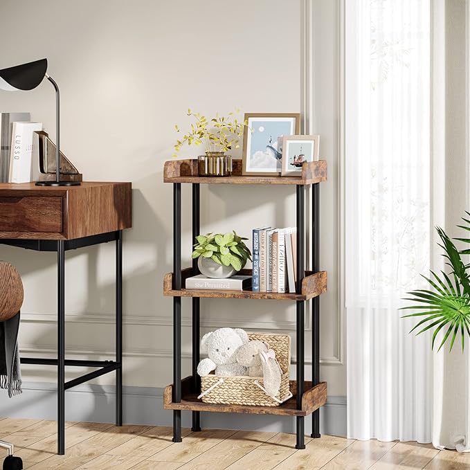 Bookshelf Small Book Shelf: 3-Tier Wood Bookcase Industrial Bookshelf Metal Standing Book Shelves Display Book Rack for Living Room Bedroom Home Office (Rustic Brown) - LeafyLoom