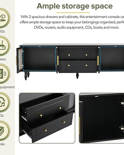 Merax Retro Design TV Stand with Fluted Glass Doors and 2 Drawers and Cabinets for Televisions Up to 78'', Practical Media Console, Elegant Entertainment Center for Living Room, Black - LeafyLoom