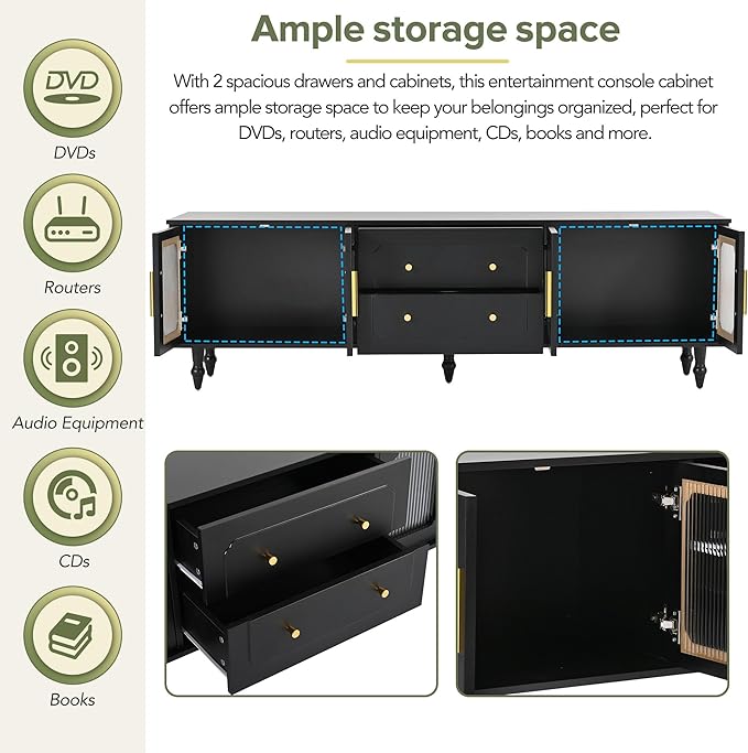 Merax Retro Design TV Stand with Fluted Glass Doors and 2 Drawers and Cabinets for Televisions Up to 78'', Practical Media Console, Elegant Entertainment Center for Living Room, Black - LeafyLoom